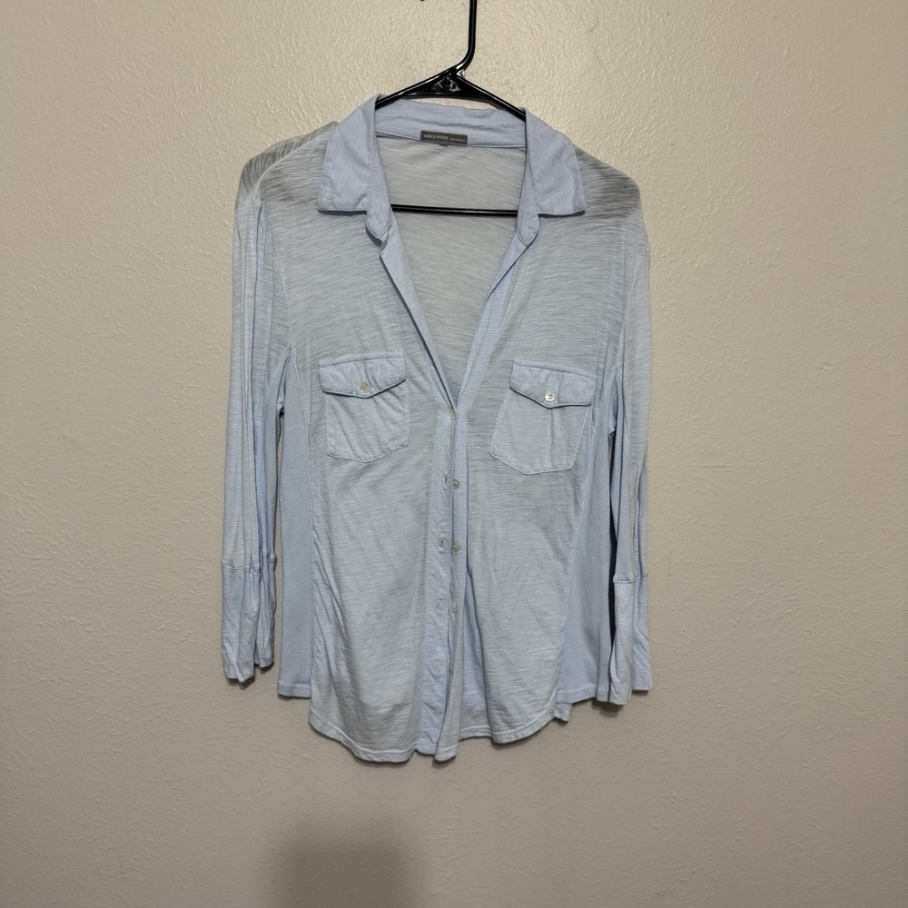 James Perse Women's Supima Cotton Button Up Long Sleeve Sheer Top Large Blue